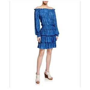 NWT Michael Kors Blue Mosaic Off-the-Shoulder Long-Sleeve Tiered Smock Dress S